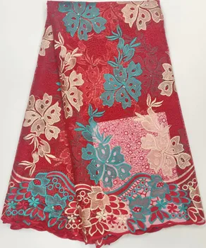 

Hot sale red african french lace fabric with stone tulle lace latest african laces 2019 nigerian lace fabrics for dress WH-B23
