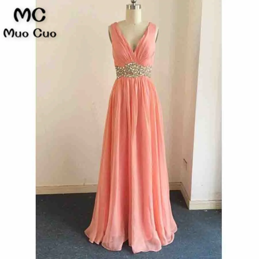 

2018 Elegant Coral Prom Dresses Long V-Neck Tank vestido de festa Chiffon Formal Evening Party Dress Custom Made