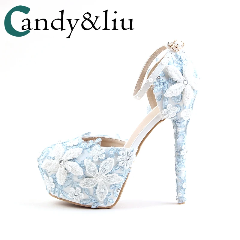 

Wedding Shoes Light Blue Lace Pearls Flower Round Toe Bride Pumps Buckle Strap Super Higher 14cm Heels Ladies Sandals Hand Made
