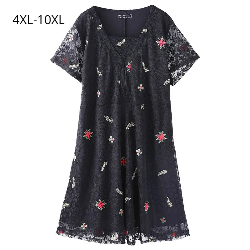 

Fashion Women Short Sleeves Summer Dress Vintage Embroidery Lace Women Party Dresses Plus Size 10XL 8XL 4XL Vneck Mujer Clothing