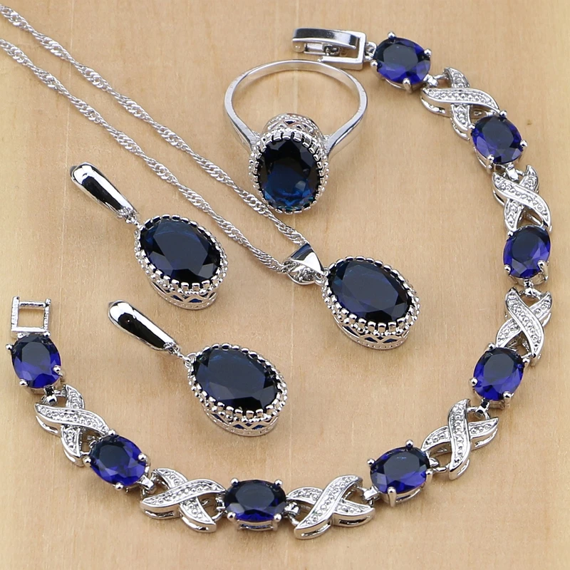 

925 Sterling Silver Jewelry Blue Cubic Zirconia Jewelry Sets For Women Earrings/Pendant/Necklace/Rings/Bracelet