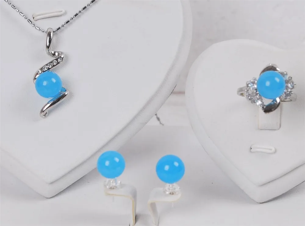 

10mm Blue Jade Round Beads Ring Earrings Pendant Necklace set Grade AAA style 100% Natural jade Noble Fine jewe
