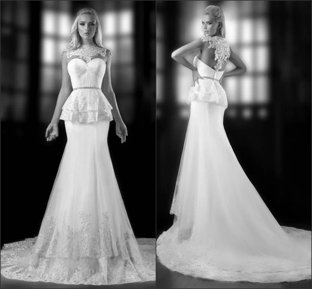 2014 New Aarrival Sexy Halter White Lacem2 In1 Wedding Dress Open Back Long Floor Length Sleeve Mermaid Plus Size | Свадьбы и