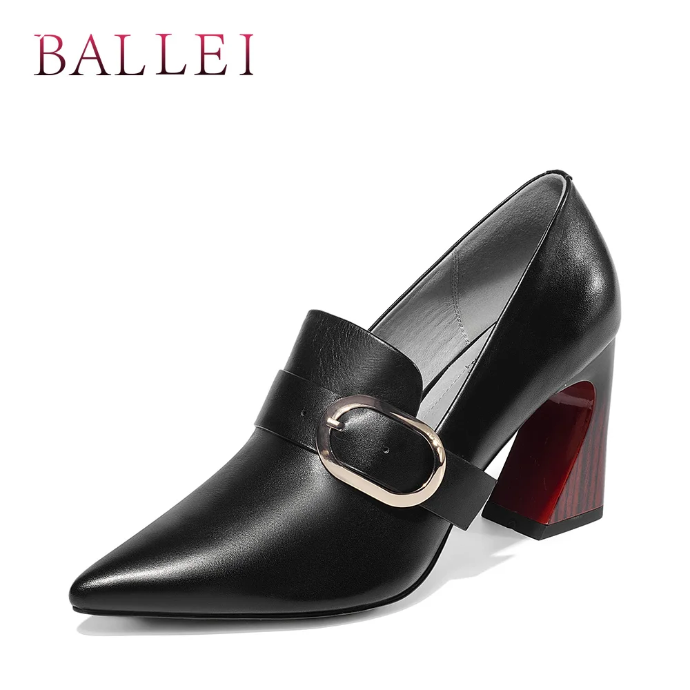 

BALLEI Luxury Woman Elegant Pumps High Quality Genuine Leather Sexy Pointed Toe Thick Heel Shoes Solid Buckle Retro Pumps D98
