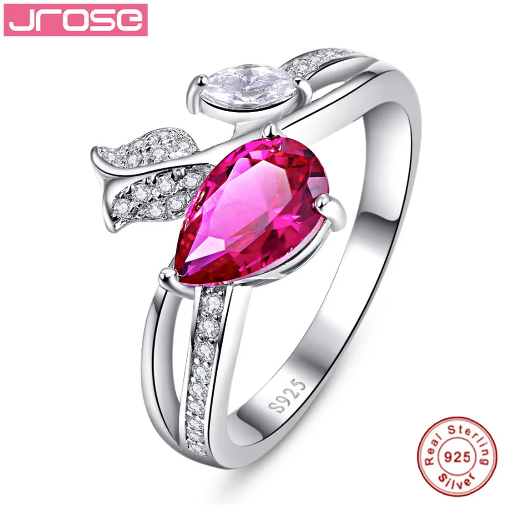 

Jrose Pear Cut Lab created red Water-drop Rose Solid 925 Sterling Silver Ring Engagement Jewelry for Women Sz 6-9 Free with Box