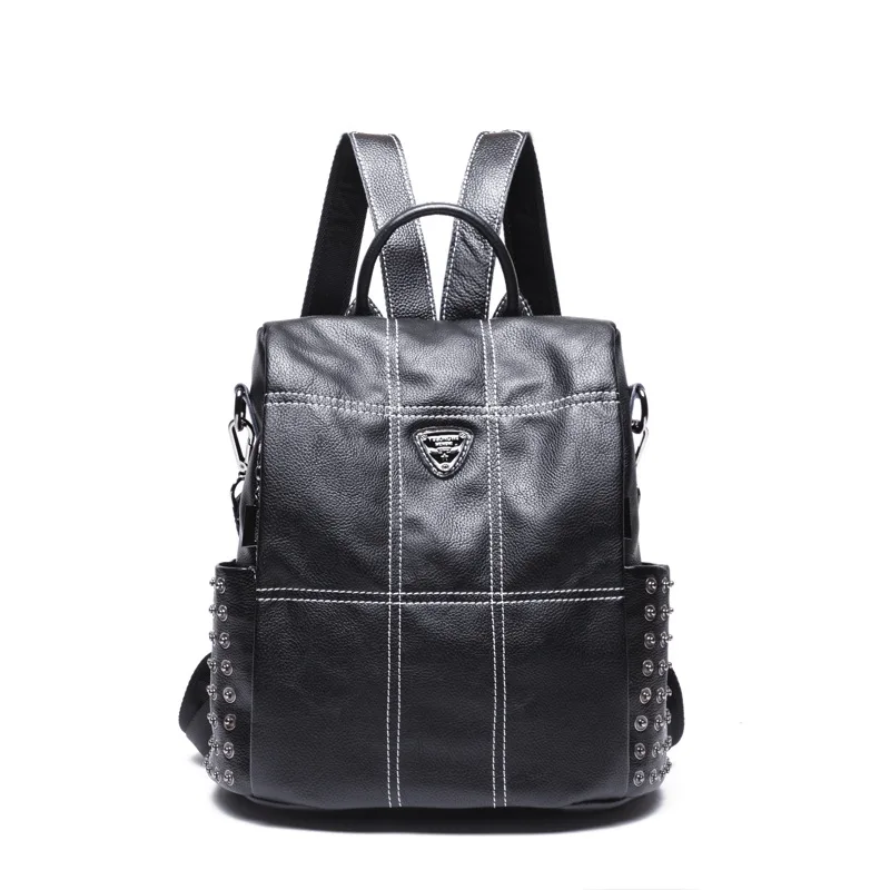 

2018 Sheepskin Mochila Soft Real Leather Travel Backpack New Rivet Black Penk Multifunctional Shoulder Bag 3 Shoulder Straps