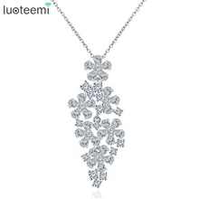 LUOTEEMI New Trendy White Gold Plating Sparkling Pure Clear Zircon Romantic Flower Shaped Statement Pendant Necklace For Girls
