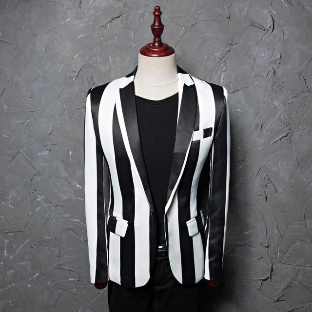 Black White Plaid Print Blazer Jacket Men Casual Slim Fit Male Wedding