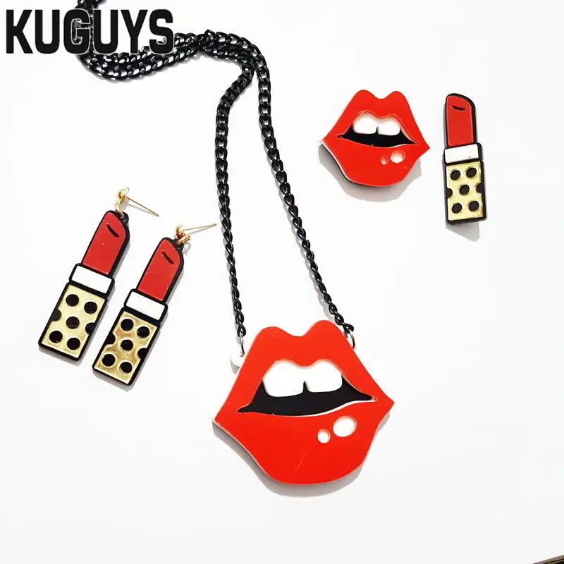 KUGUYS Jewelry Acrylic Gold Silver Lipstick Earrings for Women Pendientes HipHop Red Lips Drop Earring Woman Brincos | Украшения и
