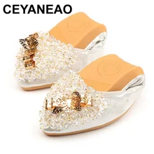 CEYANEAO Новинка весны женские туфли с блестками на плоской подошве; элегантные женские туфли на высоком каблуке со стразами; модные складные балетки Горячая Повседневное обувь с украшением в виде кристаллов A039
