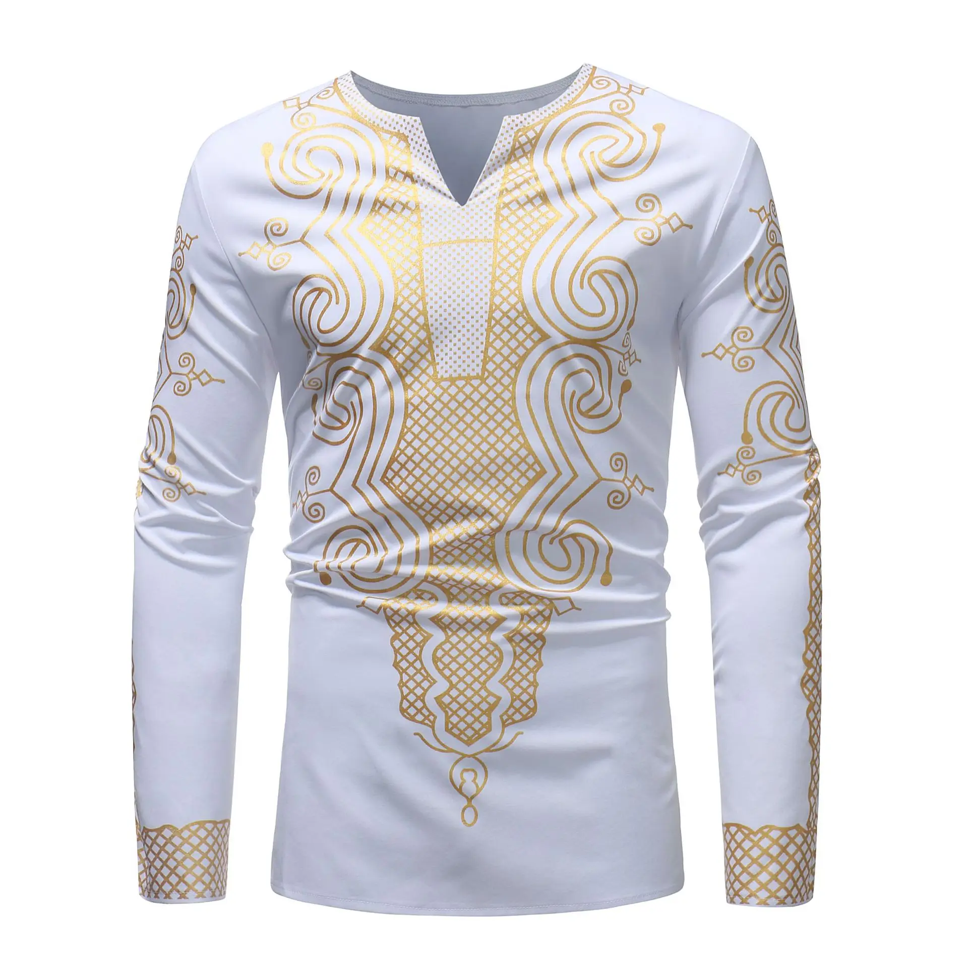 

2019 men's African style long sleeve v-neck casual T-shirt with printed print
