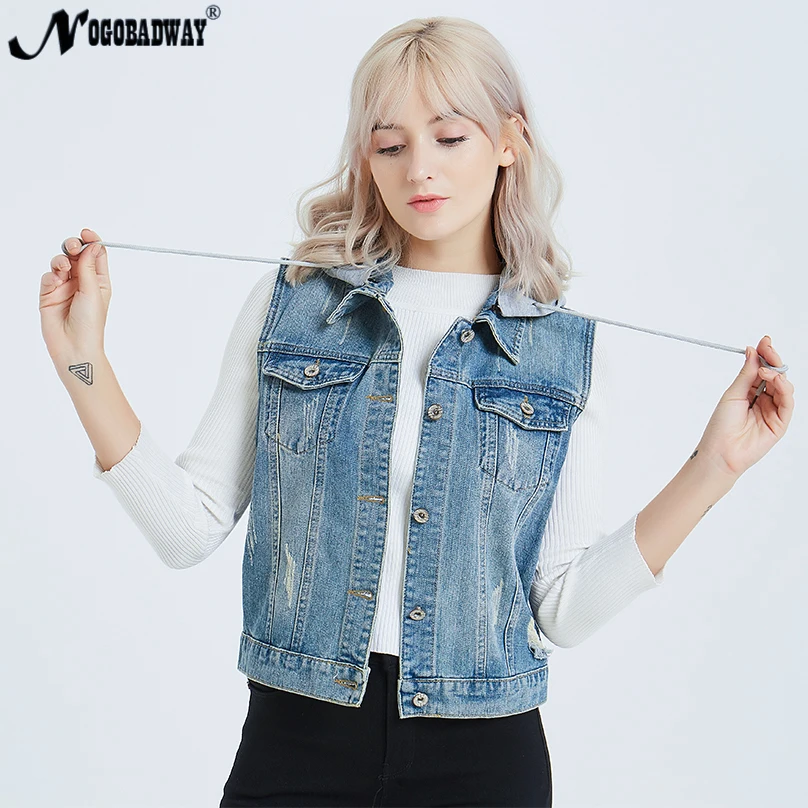 Removable Hooded denim vest jeans women's waistcoat sleeveless ripped