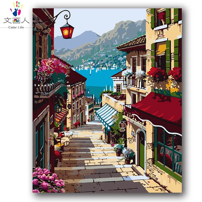 

landscape building European town ladder diy ditigal oil painting package by the number with kits coloring numbers seaview paint