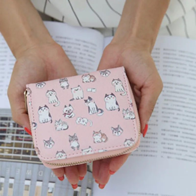 pink Милый кожаный кошелек для монет с кошкой, кредитная карта на молнии, маленькие женские кошельки, портативная модная цветная сумка для монет для девочек - Цвет: pink