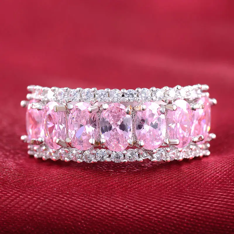 10ct 925 Sterling Silver Oval Pink Sapphire Simulated Diamond White Gold GF Women Engagement Bridal Ring Women Wedding Band Ring