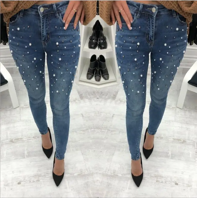 Women jeans beading pearl casual pencil jeans high waist elastic slim denim pants female autumn bottom jeans