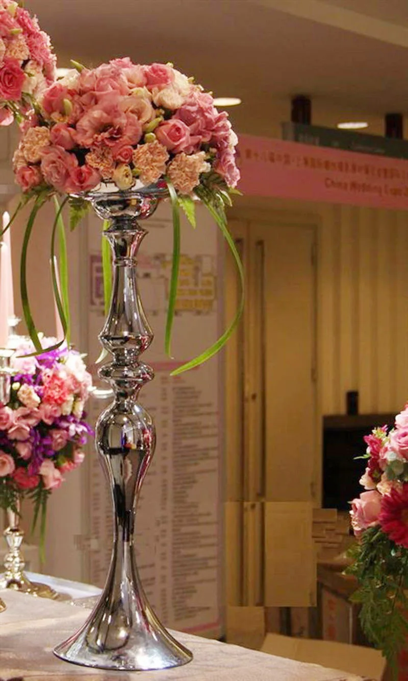 Серебряные металлические подсвечники 50 см/32 см, подставка, цветы, ваза-подсвечник, как дорожный подсвечник, Свадебные/настольные центральные элементы FEW0066