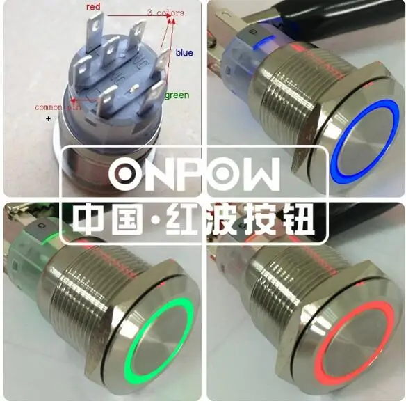 

ONPOW 19mm Latching on-off 24V Tri-color LED RGB ring Stainless steel Push button Switch (LAS1-AGQ-11ZE/RGB/24V/S) CE, ROHS
