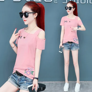 

2020 Short Sleeve T-shirt for Women New Style T-shirt Design Leaky Shoulder Show Shoulder Top