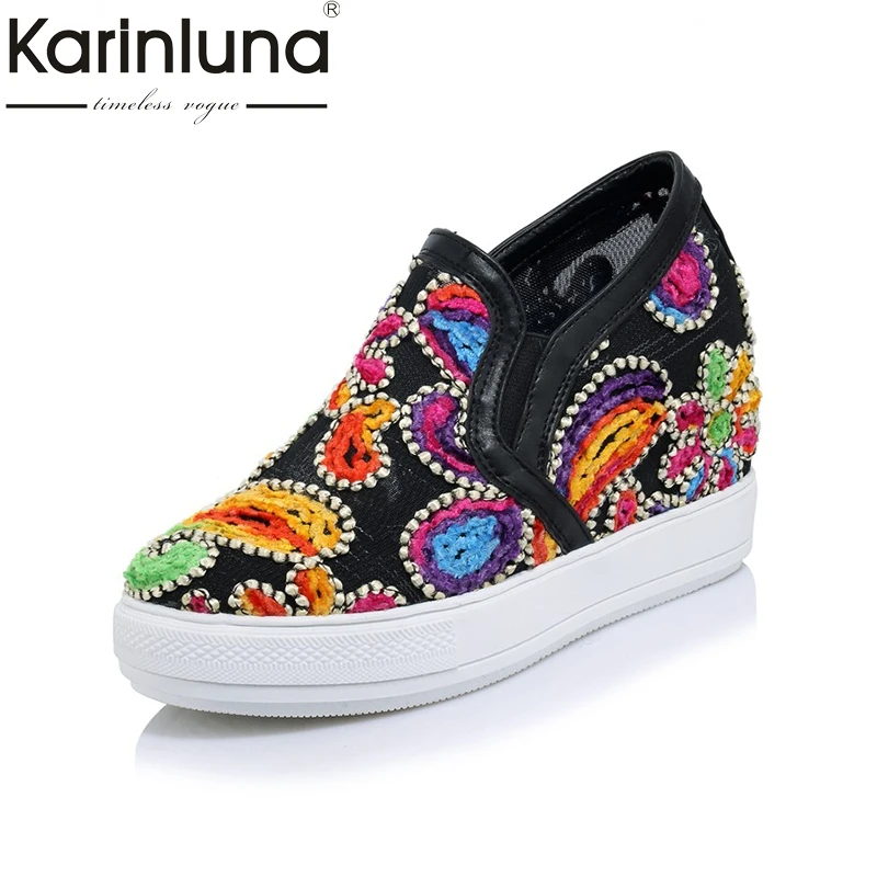 KARINLUNA New Fashion Big Size 32 45 Platform Women Shoes Mesh Embroidery Wedge Heels Dating Comfort