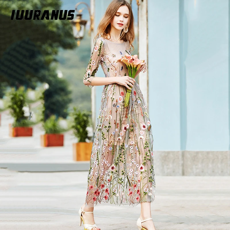 IUURANUS Vintage Embroidery Dresses Floral Bohemian Flower Embroidered 2 Pieces Boho Mesh For Women Evening Party Dresse | Женская