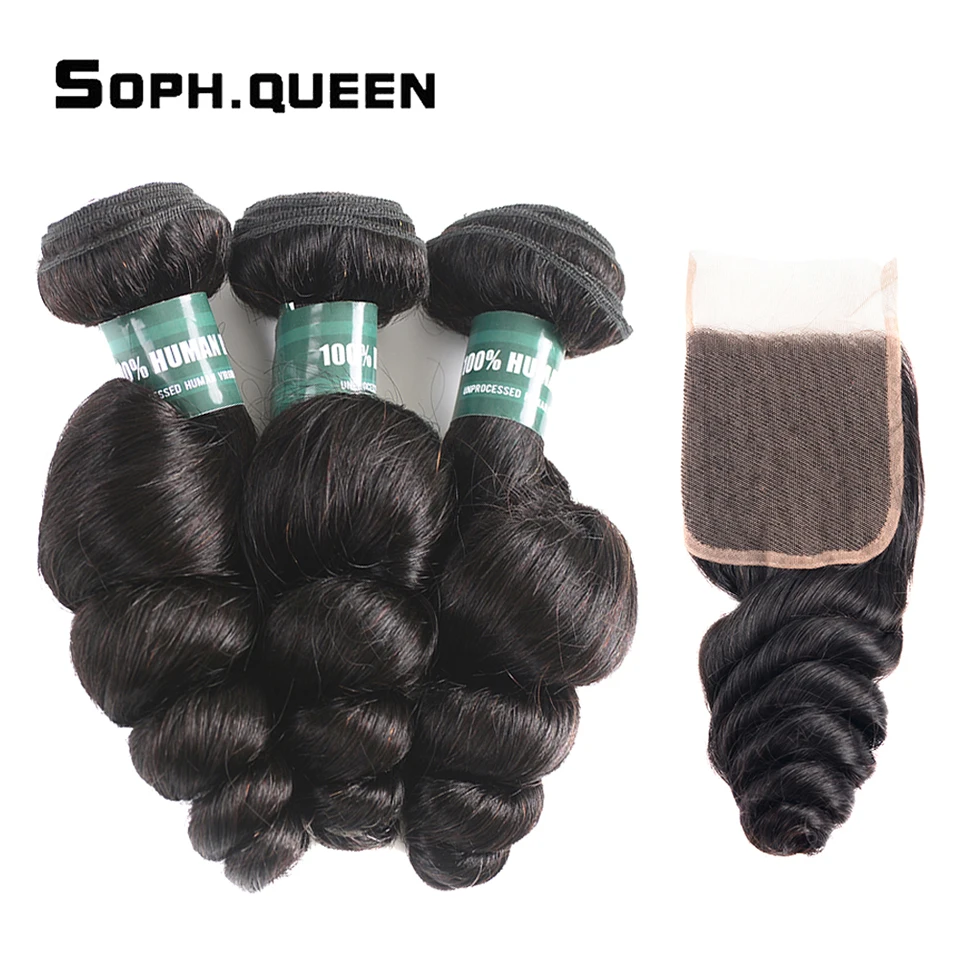 Соф королева волосы малазийские волосы Свободные волны пучки с закрытием 100% Remy натуральные волосы 3 Связки с закрытием кружева натуральный