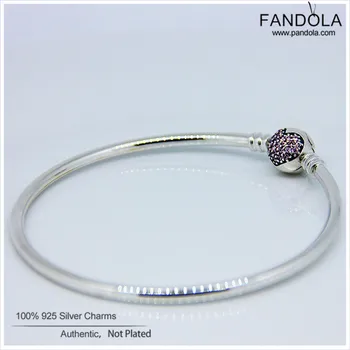 

CKK 925 Sterling Silver Circle of Love Pink CZ Clasp Charms Bangle Bracelets for Women Jewelry Making