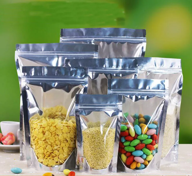 100Pcs Stand up Clear Aluminium Foil Zip Lock Bag Silvery Metallic