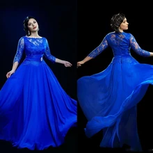 2017 mutter der Braut Illusion Ausschnitt Chiffon Spitze Prom kleider Plus Size Abendkleider Blau 3/4 Langen Ärmeln Party kleid