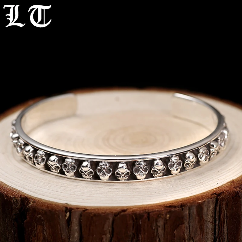 

LT Skulls Solid 925 Sterling Silver Open Cuff Bangle Men Bracelets For Women Vintage Handmade Punk Rock Fashion Jewelry For Male