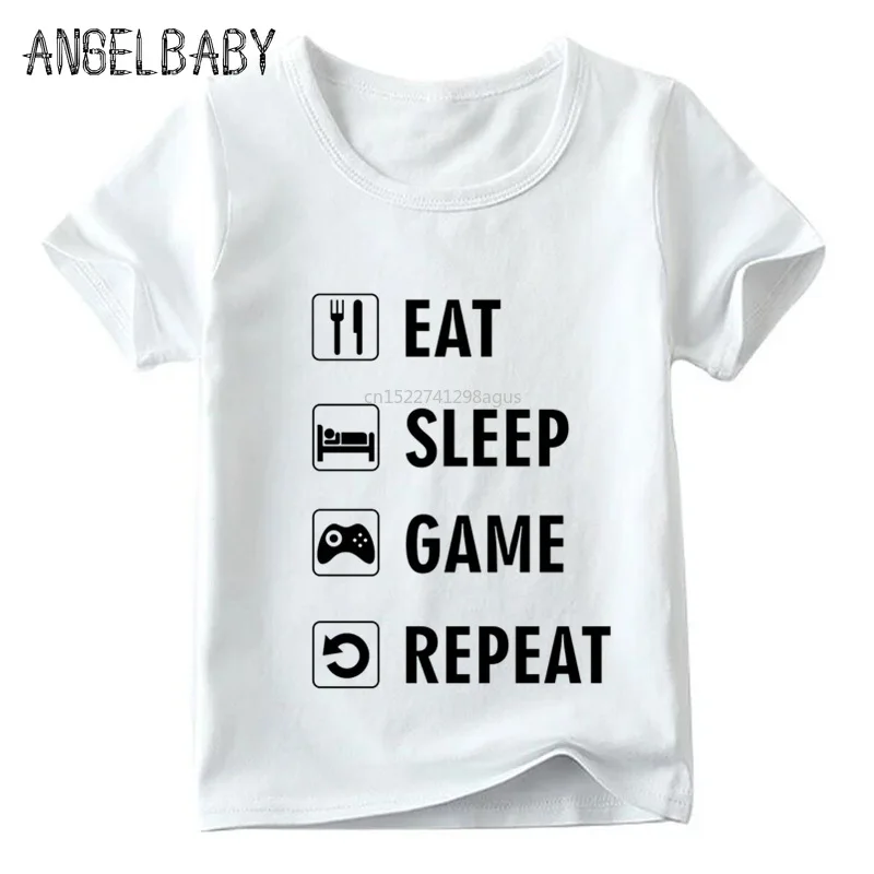 Детская забавная футболка с принтом «Eat Sleep Game» детские летние топы с короткими рукавами для мальчиков и девочек, Повседневная белая футболка HKP4021