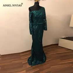 Ангел NOVIAS с длинным рукавом Abendkleider Русалка кружево элегантный мусульманский Зеленый Вечерние платья 2018 Moroccan кафтан формальный вечерние