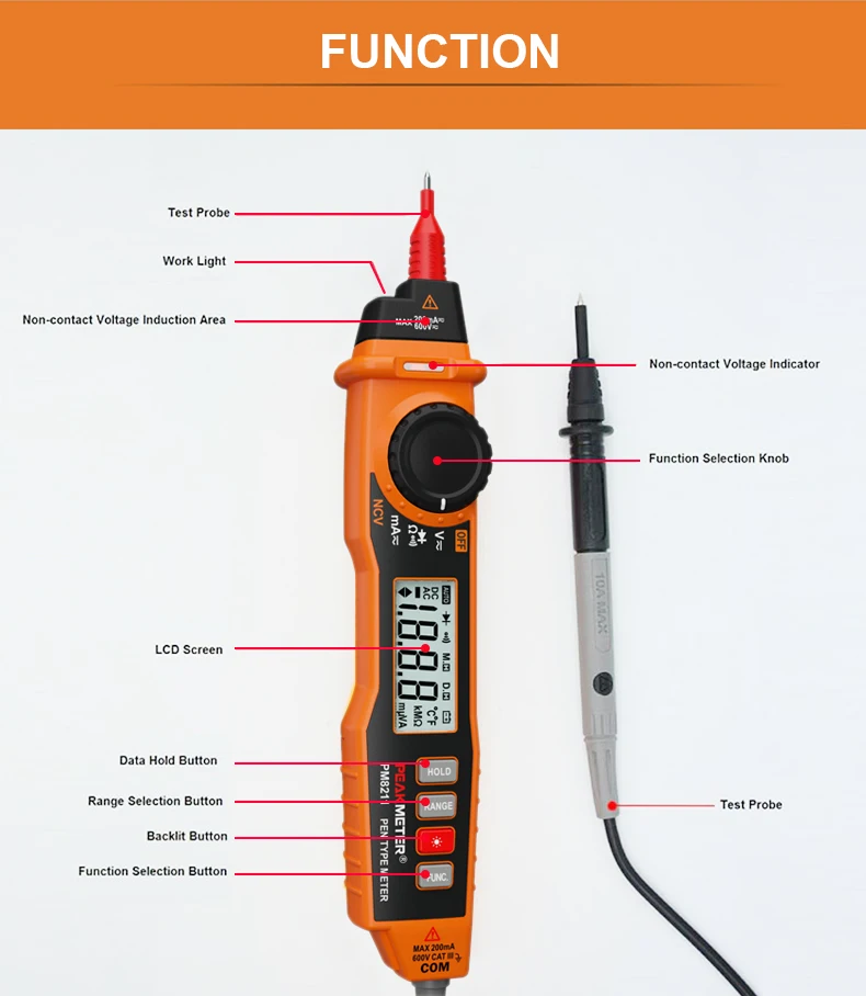 PEAKMETER MS8211 Цифровой мультиметр 2000 отсчетов ручка типа с бесконтактным ACV/DCV электрический ручной тестер