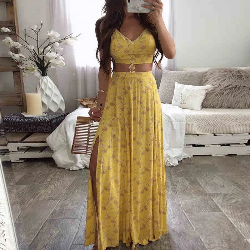

Floral Print Sleeveless Two Piece Set Women Sexy V Neck Cami Top Long Skirt Sets Summer Suits Sexy Club Female Casual Outfits