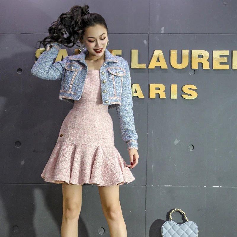 Le palais Винтаж 2018FW классический твитов короткая куртка для женщин Цвет блок тип