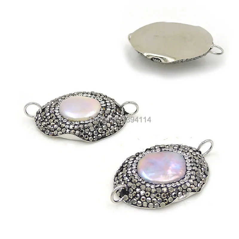 

Natural Pearl Oval Connector With Paving CZ And Copper Base Platina Plated Approx 30*25mm