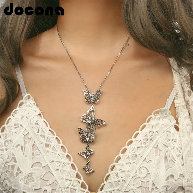 

docona Gold Silver Color Crystal Butterfly Pendant Necklace for Women Animal Long Pendant Necklaces Party Jewelry Collars 5520