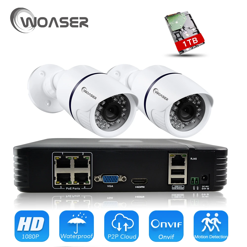 Woaser HD 48 В 1080 P HDMI P2P 4ch PoE NVR Системы Скрытого видеонаблюдения Видео Выход 2 шт. 2.0mp/1.0mp
