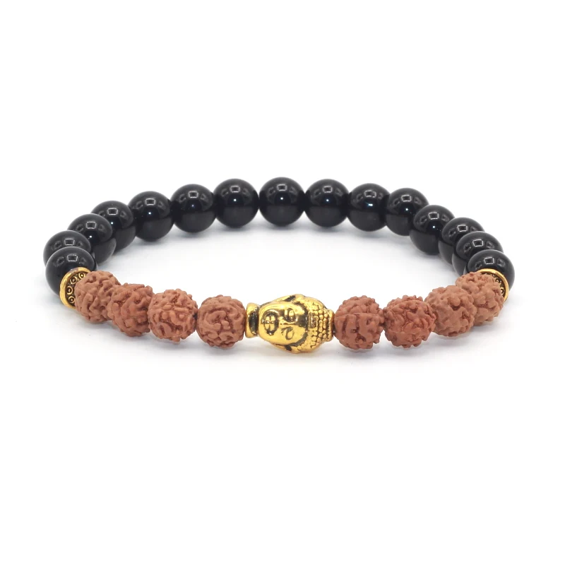 

8MM Buddha Bodhi Mala Yoga Black Onyx Stone Natural Rudraksha Tibetan Buddha Prayer Handmade Men Bracelet Accessories