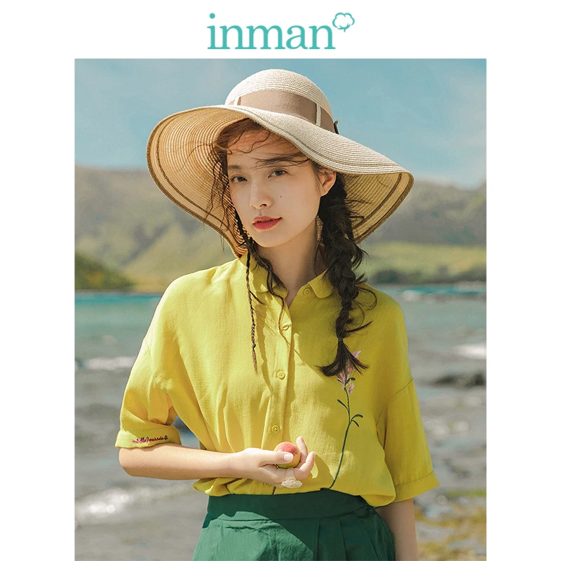 

INMAN 2019 Summer New Arrival Pretty Turn Down Collar Loose Literary All Matched Embroidery Women Blouse