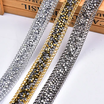 

High Quality Hotfix Rhinestone Trim 2 Yard/Lot Crystal Applique Wedding Decoration Fancy Banding Chain Iron On Clothes Bags DIY