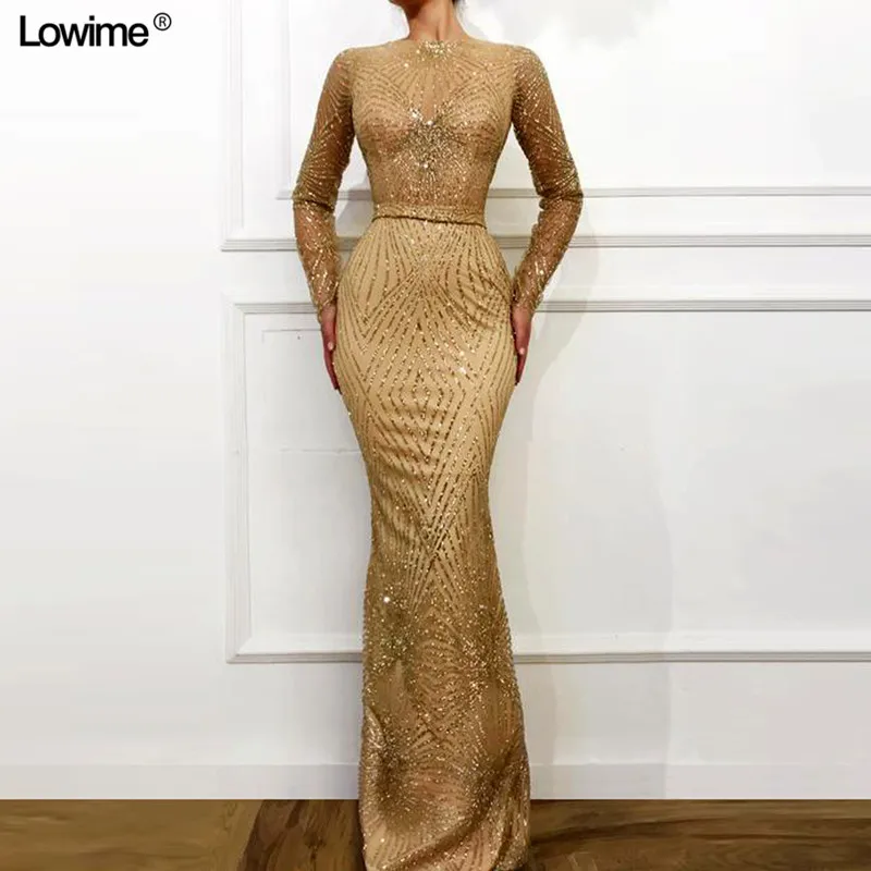 

Mermaid O-Neck Evening Dresses Long Vestido De Festa Middle East Long Sleeves Sequined Sashes Women Formal Dress 2019