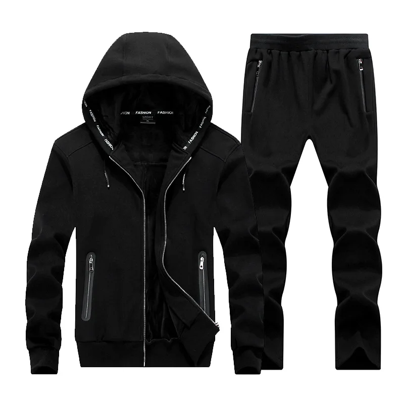 Модный осенне-зимний мужской спортивный костюм из 2 предметов, спортивный костюм, куртка с капюшоном+ штаны, спортивный костюм для мужчин - Цвет: Черный