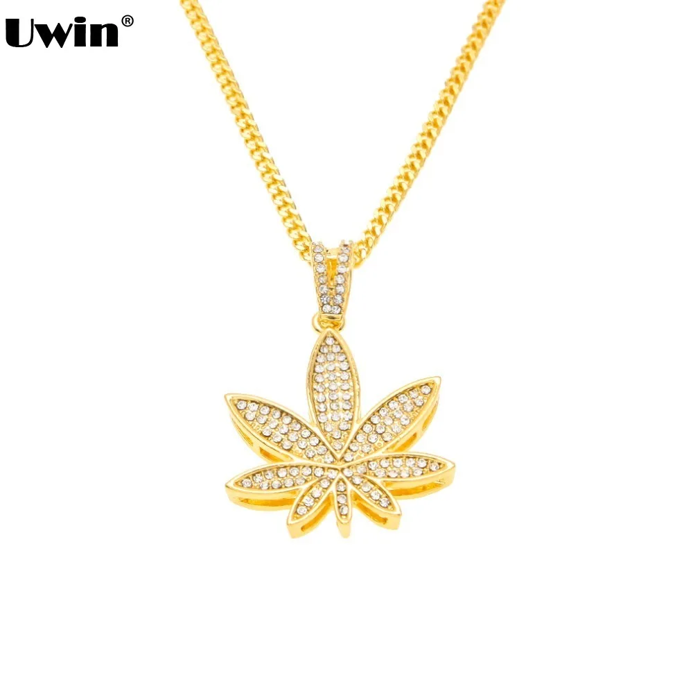 

Fashion Full Rhinestone Iced Out Maple Leaf Pendant Necklace Yellow Gold Color Hip Hip Womens Mens Plants Pendant Necklace