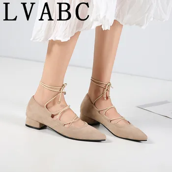 

LVABC Size 33-43 Women Mid Heels Office Lady Shoes Pointed Toe Sexy Cross Strap Thick Heel Pumps Shoelaces Daily Footwear