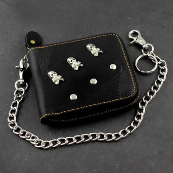 

New Skull Biker Punk Zipper Card Holder Casual Wallet With a Anti Chief Chain