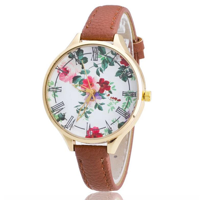 

2017 New Women Fashion Flower Watch Gold Analog Quartz Watch Leather Strap Lady Clock Female Dress Wristwatche relogio feminino