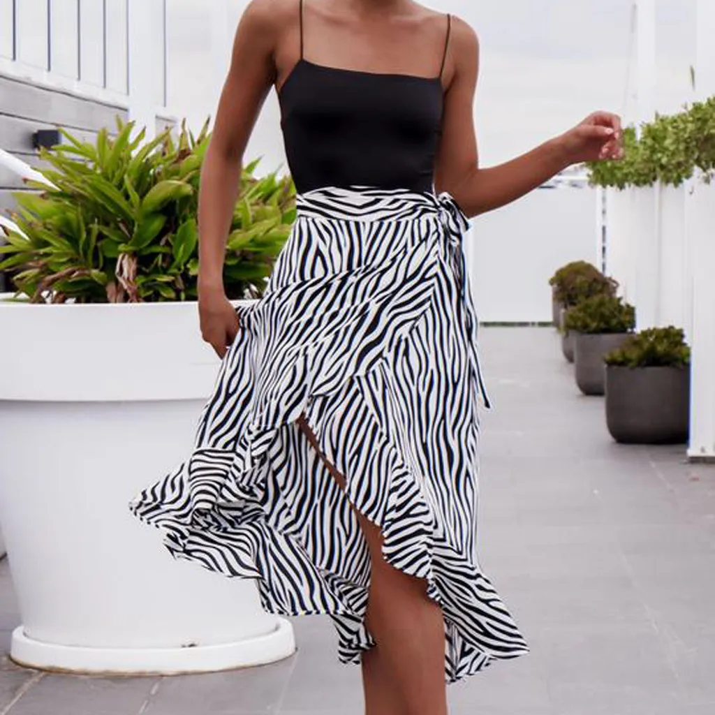 

summer skirts womens Casual high waist skirts Zebra Striped Print beach Bandage Open Fork Ruffles Hem Bohemia Skirt L0710