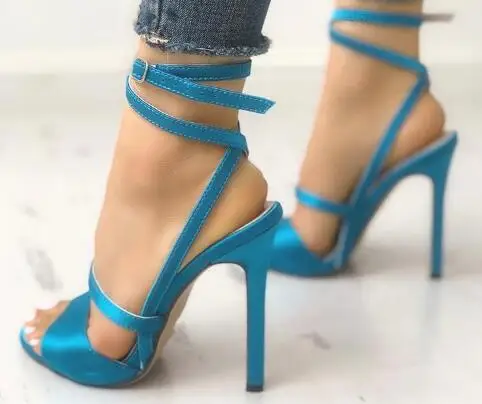 

Hot Sale Women's Sandals Solid Satin Strappy Peep Toe Stiletto Sandals Thin Heel Back Strap Sandals