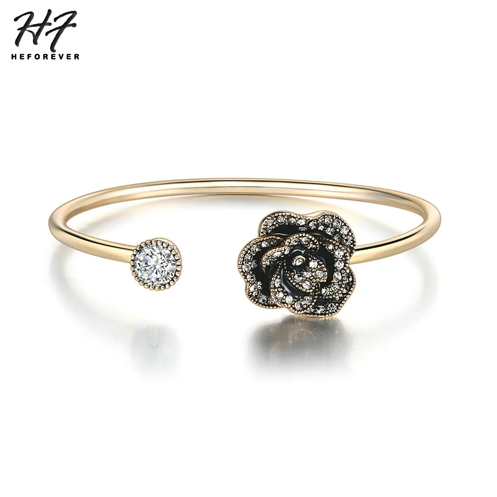 Crystal Rose Openning Bangle For Women Black Oil Drip Rose-Gold Color AAA+CZ Luxury Accessories For Party Fashion Jewelry B006